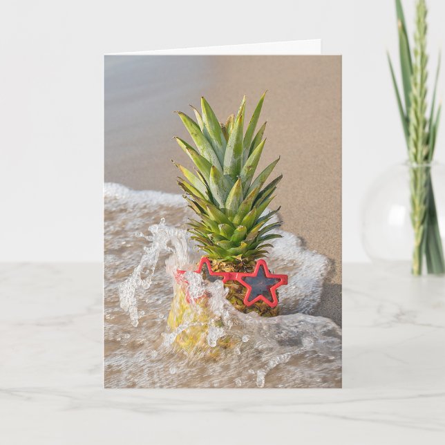 Birthday Pineapple With Star Sunglasses In Wave Card (Front)