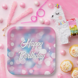 Birthday Pink and Aqua Bokeh Party Lights Paper Plate