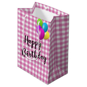 Birthday Pink and White Gingham Medium Gift Bag