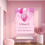 Birthday pink balloons girl welcome party poster<br><div class="desc">A welcome poster for a girly and glamourous 18th (or any age) birthday party.  A trendy pastel pink background with elegant faux sparkles and pink balloons.   Personalise and add a name and age 18.  Dark pink letters.</div>