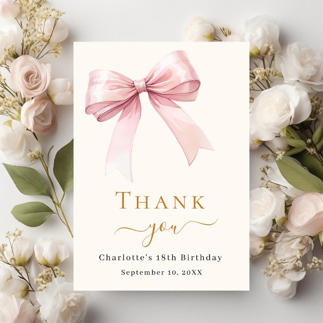 Birthday pink bow cream thank you card (Creator Uploaded)