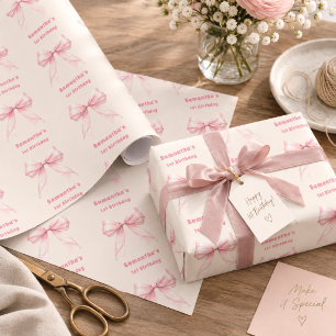 Birthday pink bow pearls cream girl wrapping paper