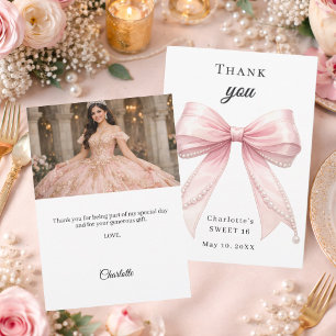 Birthday pink bow pearls photo thank you card