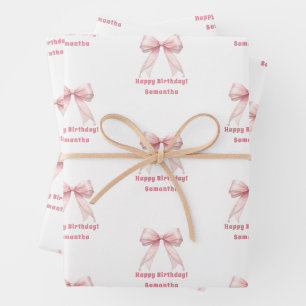 Birthday pink bow white girl wrapping paper sheet