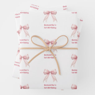 Birthday pink bow white girl wrapping paper sheet