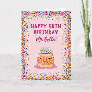 Birthday Pink Cake Colourful Confetti Celebration Card