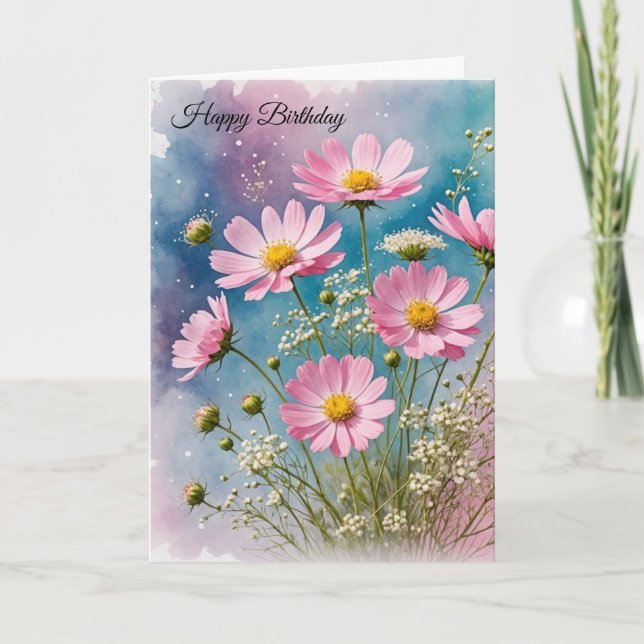 Birthday Pink Cosmos Bouquet Card (Front)