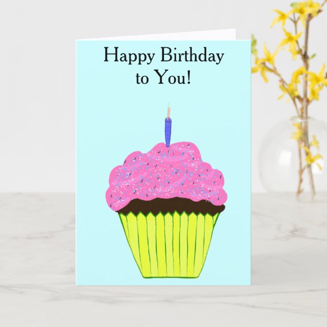 Birthday Pink Cupcake Balloons Card (Yellow Flower)