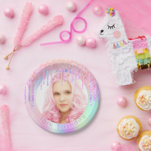 Birthday pink drips photo holographic paper plate