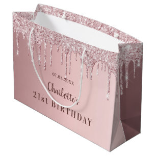 Birthday pink dusty rose glitter drips monogram large gift bag