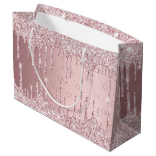 Birthday pink dusty rose glitter drips monogram large gift bag
