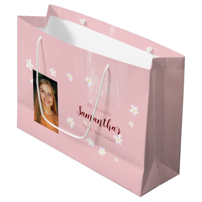 Birthday Pink Floral Girly Simple Custom Photo  Large Gift Bag (Front Angled)