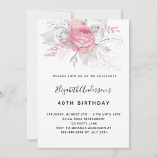 Birthday pink florals elegant white invitation