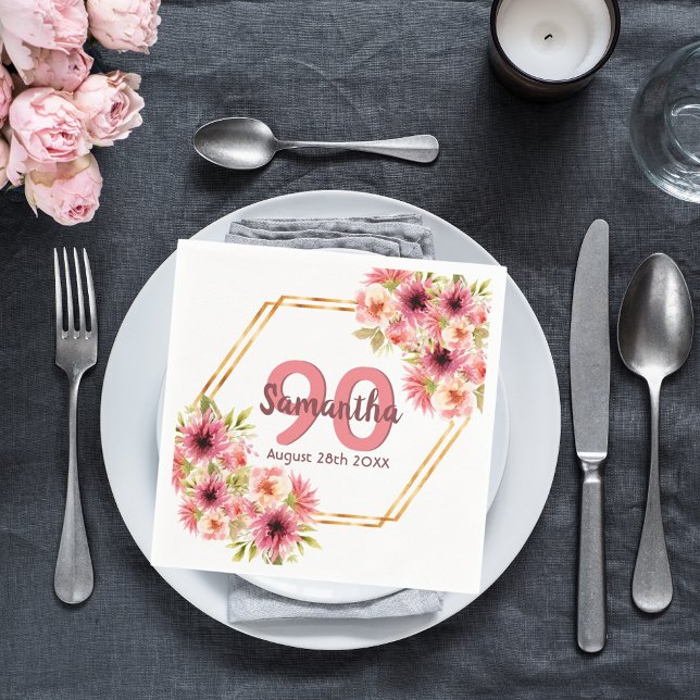 Birthday pink florals gold geometric name napkin (Creator Uploaded)