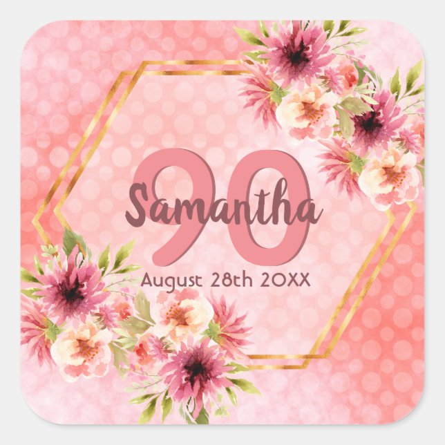 Birthday pink florals gold geometric name square sticker (Front)