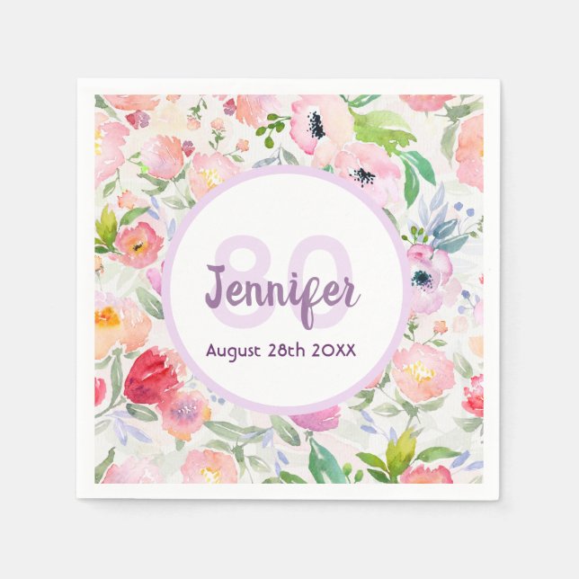 Birthday pink florals white monogram napkin (Front)