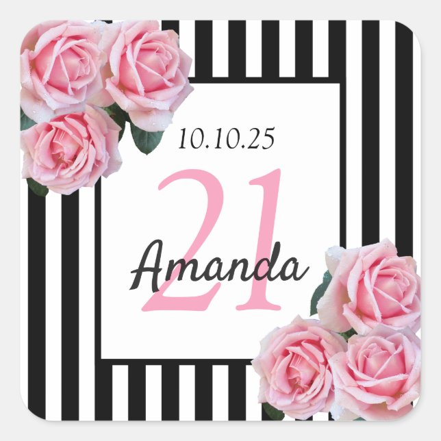 Birthday pink flowers black white stripes square sticker (Front)