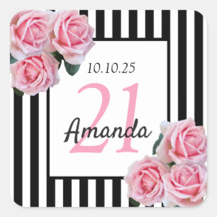 Birthday pink flowers black white stripes square sticker