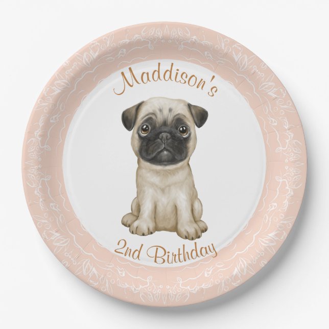Birthday Pink Girl Baby Pug Paper Plate (Front)