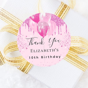Birthday pink glitter balloons girl thank you classic round sticker