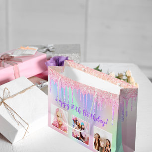 Birthday pink glitter custom photo holographic large gift bag