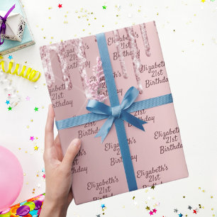 Birthday pink glitter drips dusty rose monogram wrapping paper