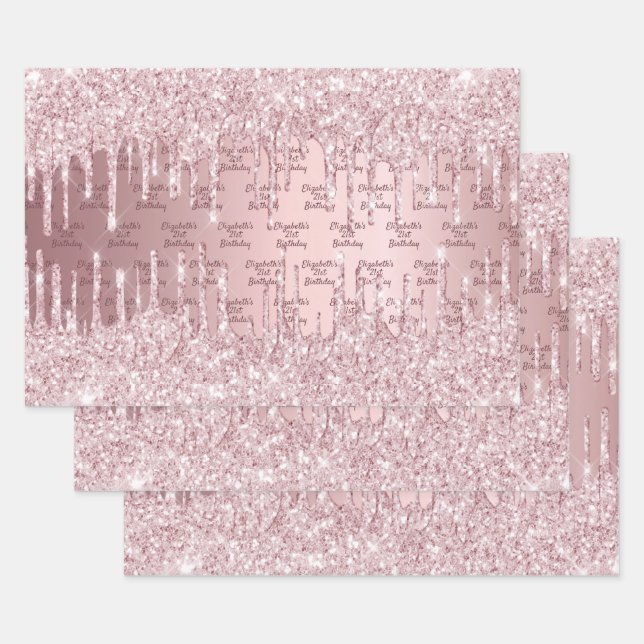 Birthday pink glitter drips dusty rose monogram wrapping paper sheet (Set)