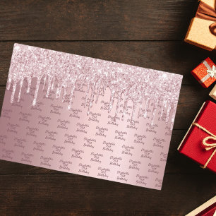 Birthday pink glitter drips dusty rose monogram wrapping paper sheet