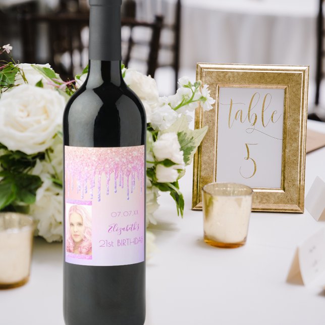 Birthday pink glitter drips holographic photo wine label (Creator Uploaded)
