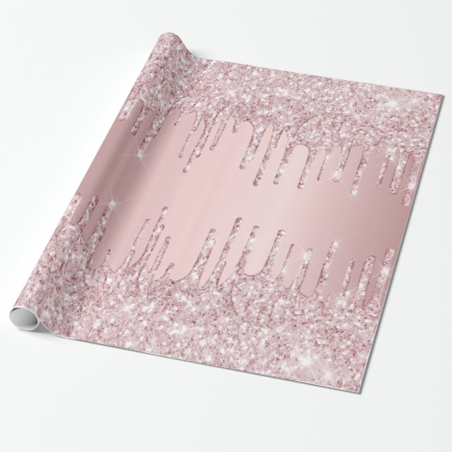 Birthday pink glitter drips sparkle dusty rose  wrapping paper (Unrolled)