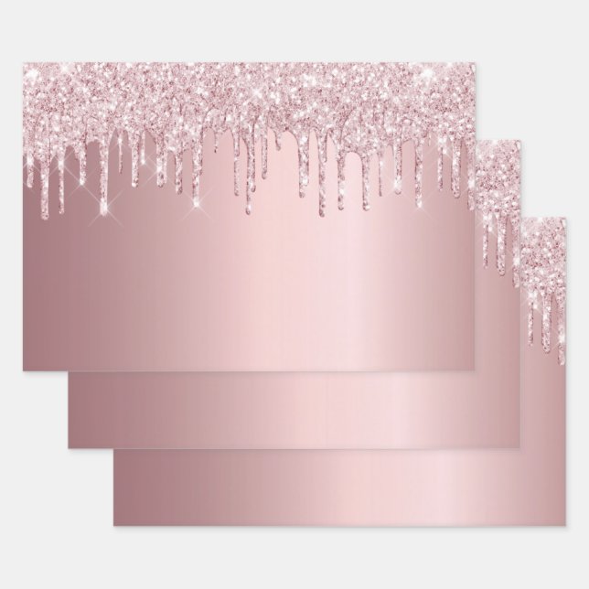 Birthday pink glitter drips sparkle dusty rose wrapping paper sheet (Set)