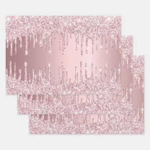 Birthday pink glitter drips sparkle dusty rose wrapping paper sheet