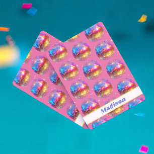 Birthday Pink Glitter Groovy 70s Disco Ball Custom Playing Cards