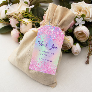 Birthday pink glitter holographic thank you gift tags