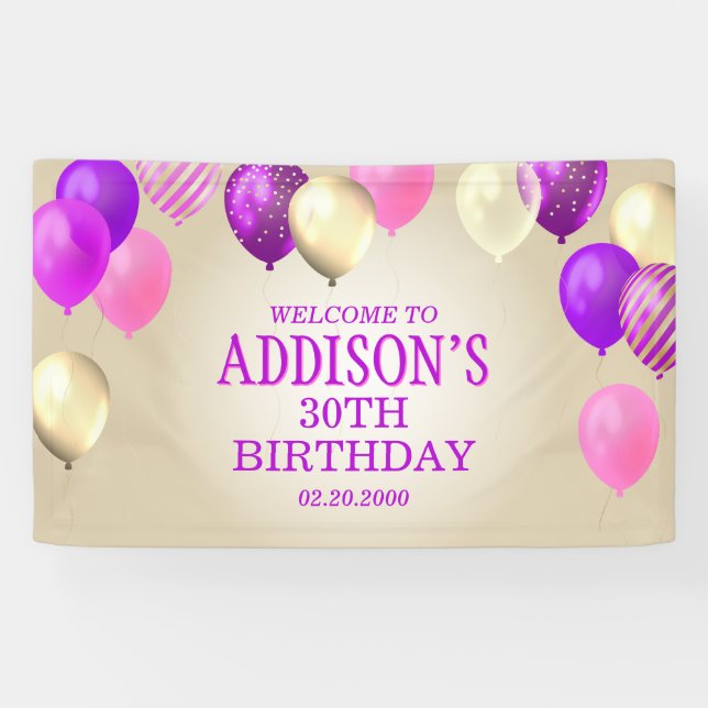 Birthday Pink Gold Balloons Banner (Horizontal)