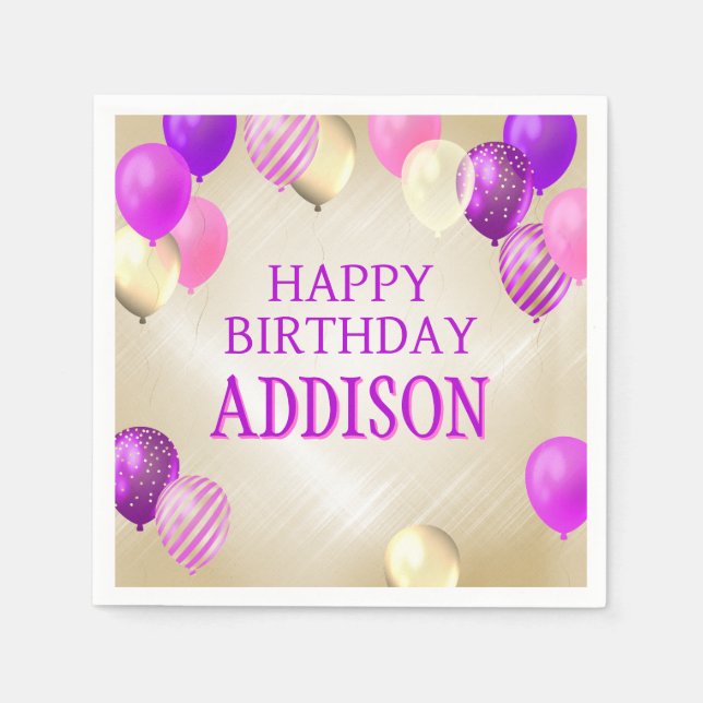 Birthday Pink Gold Balloons Napkin (Front)