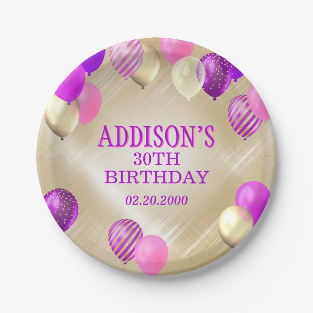 Birthday Pink Gold Balloons Paper Plate (Front)
