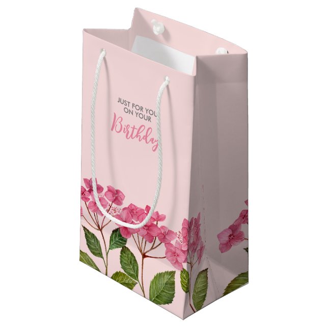 Birthday Pink Hydrangea Lacecaps Illustration Small Gift Bag (Front Angled)