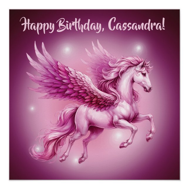 Birthday Pink Pegasus Fantasy Design Glossy Poster (Front)