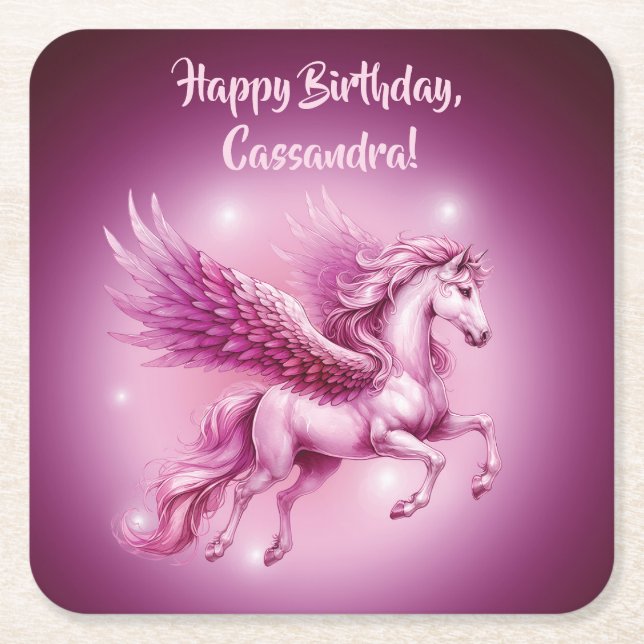 Birthday Pink Pegasus Fantasy Design Square Paper Coaster (Front)