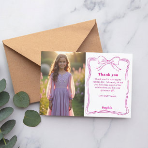 Birthday pink photo girl bow white thank you card