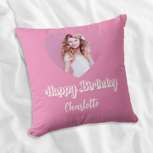 Birthday pink photo heart name script girl cushion