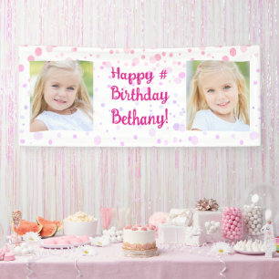 Birthday Pink Purple Confetti 2 Photo Personalised Banner