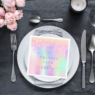 Birthday pink purple drips holographic name napkin