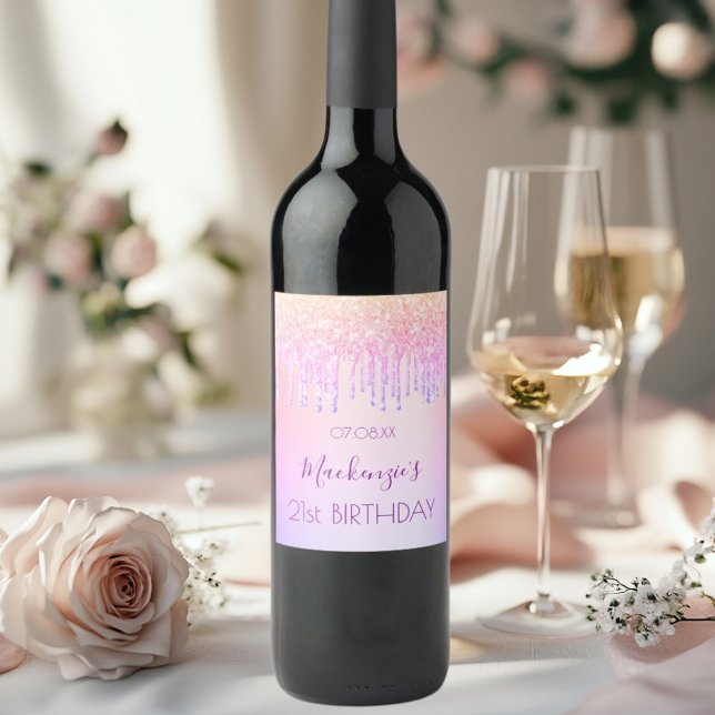 Birthday pink purple drips wine label (Creator Uploaded)