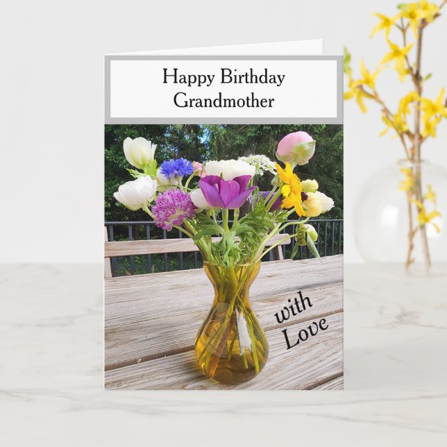 Birthday Pink Purple Flowers Grandmother or Anyone Card (Yellow Flower)