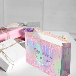 Birthday pink purple glitter drips holographic large gift bag
