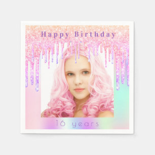 Birthday pink purple glitter drips photo napkin