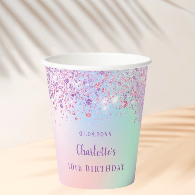Birthday pink purple glitter dust rainbow name paper cups (Creator Uploaded)