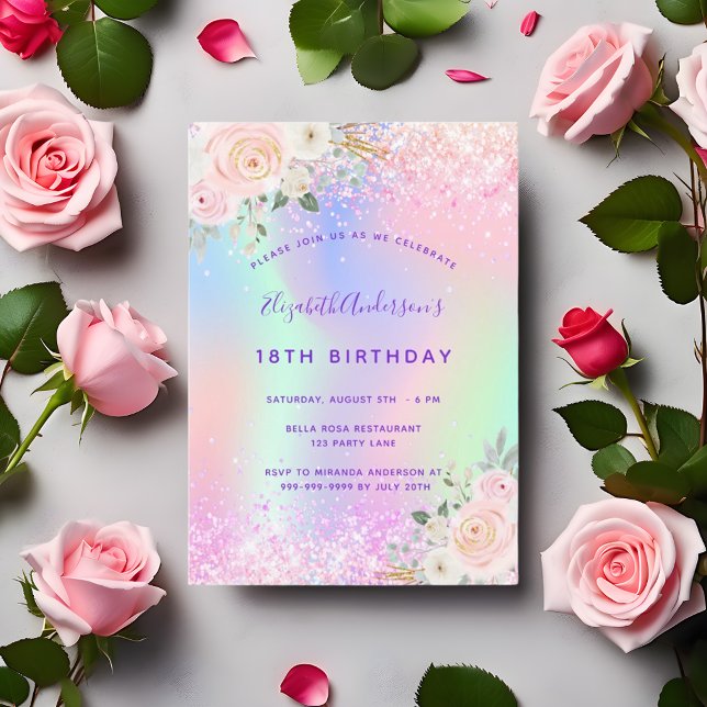 Birthday pink purple glitter floral holographic invitation (Creator Uploaded)